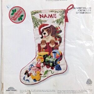 Vintage Sunset Stitchery Christmas Puppy Stocking Crewel Embroidery Kit 18" NIP
